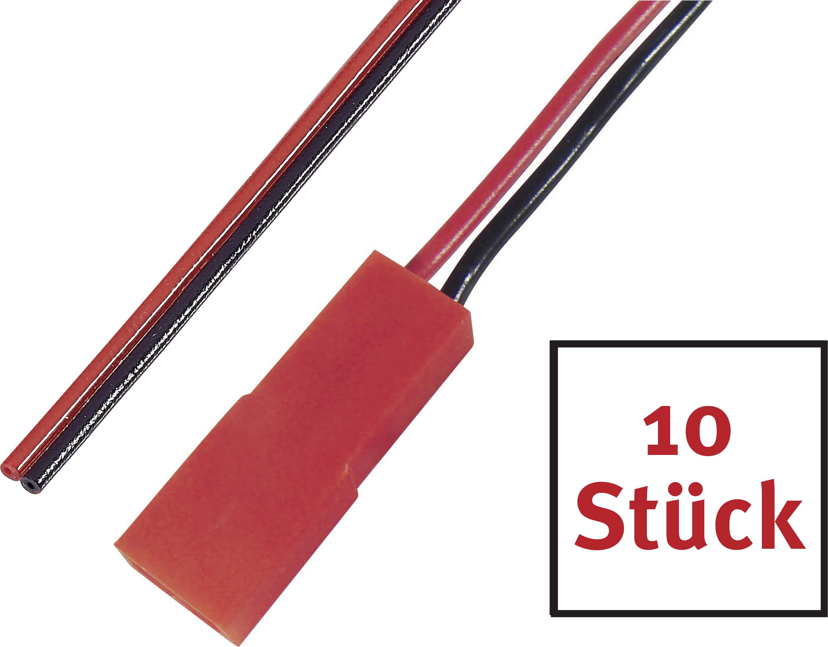 Red JST connector socket cable with black and red wire. Text '10 pieces' in a box on the right side.