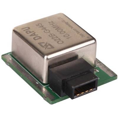 Electronic quartz oscillator on a green circuit board, marked with 10,000 MHz. Used for precise timekeeping in electronic devices.