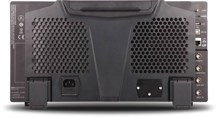 Rear view of an electronic device with ventilation slots, power connection, and multiple input/output ports.