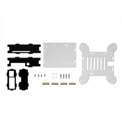 Components of a computer case kit: Various shaped black and white plastic parts, screws, and standoffs.