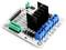 Printed circuit board with electronic components, including green and blue terminal blocks, and black heatsinks for heat dissipation.
