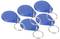 Five blue round key fobs with metal rings, arranged side by side.
