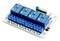 Four-channel relay module for controlling electronic devices; shows four blue relays on a white circuit board with connections.