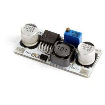 An electronic circuit with two cylindrical capacitors, a blue trimmer, and a black inductor.