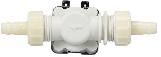 A white, cylindrical plastic valve with a directional arrow in the centre. Connecting pieces at both ends for attachment.