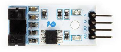 Sensor circuit board with electrical components, including connection pins AO, DO, G, V. Used in electronic projects for measuring environmental parameters.