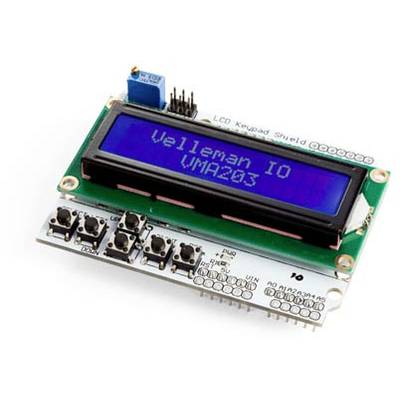 A close-up of an LCD keypad shield, displaying 'Velleman IO VMA203' on the screen. Buttons for menu navigation are visible at the bottom.