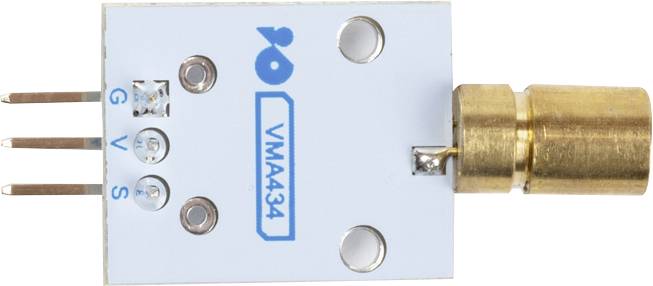 A VMA434 microphone amplifier module with three connection pins and a gold-coloured microphone socket.