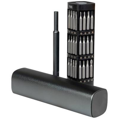Black screwdriver handle with magnetic bit holder; alongside an upright case with various bits.