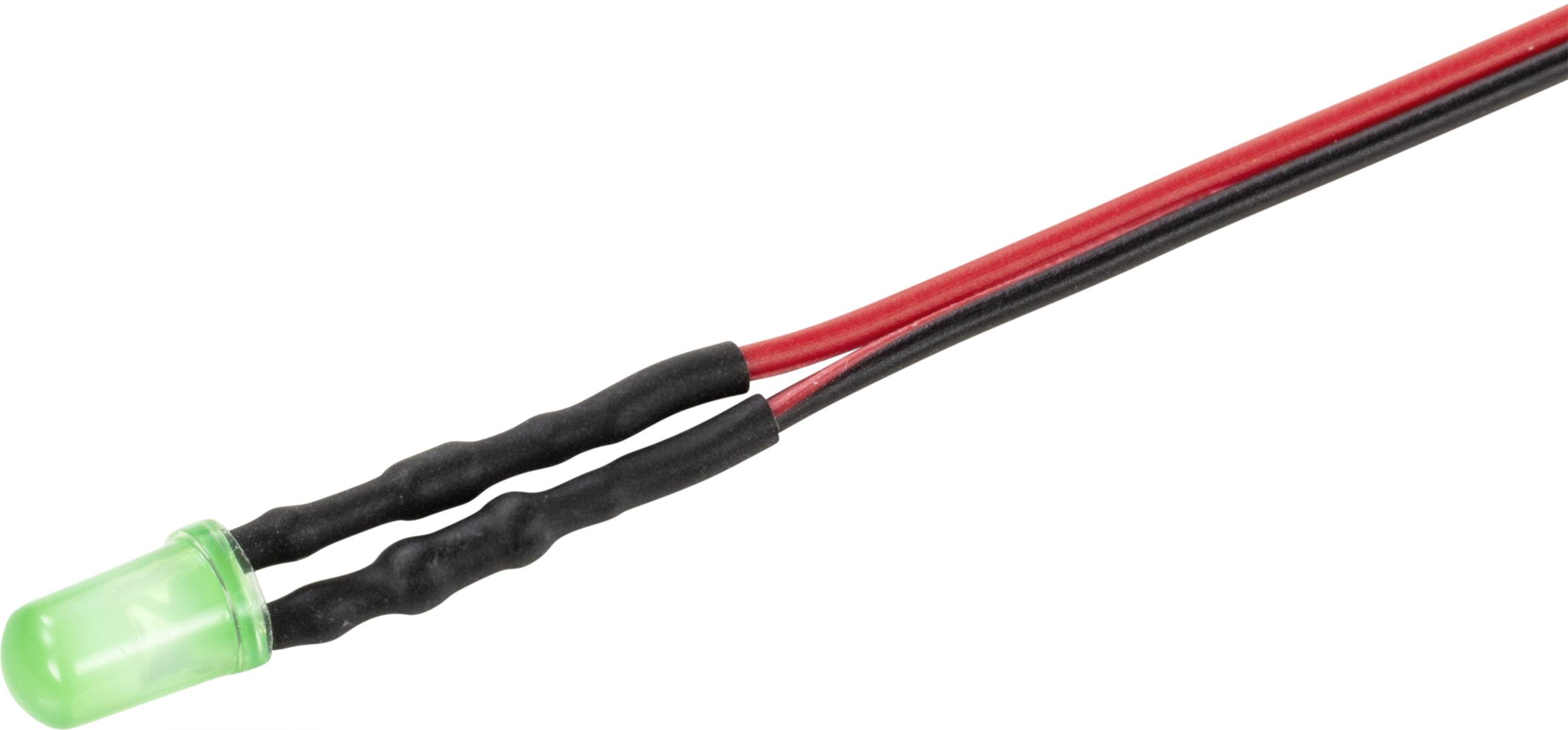 Green LED with black and red insulated wires, running to the right.