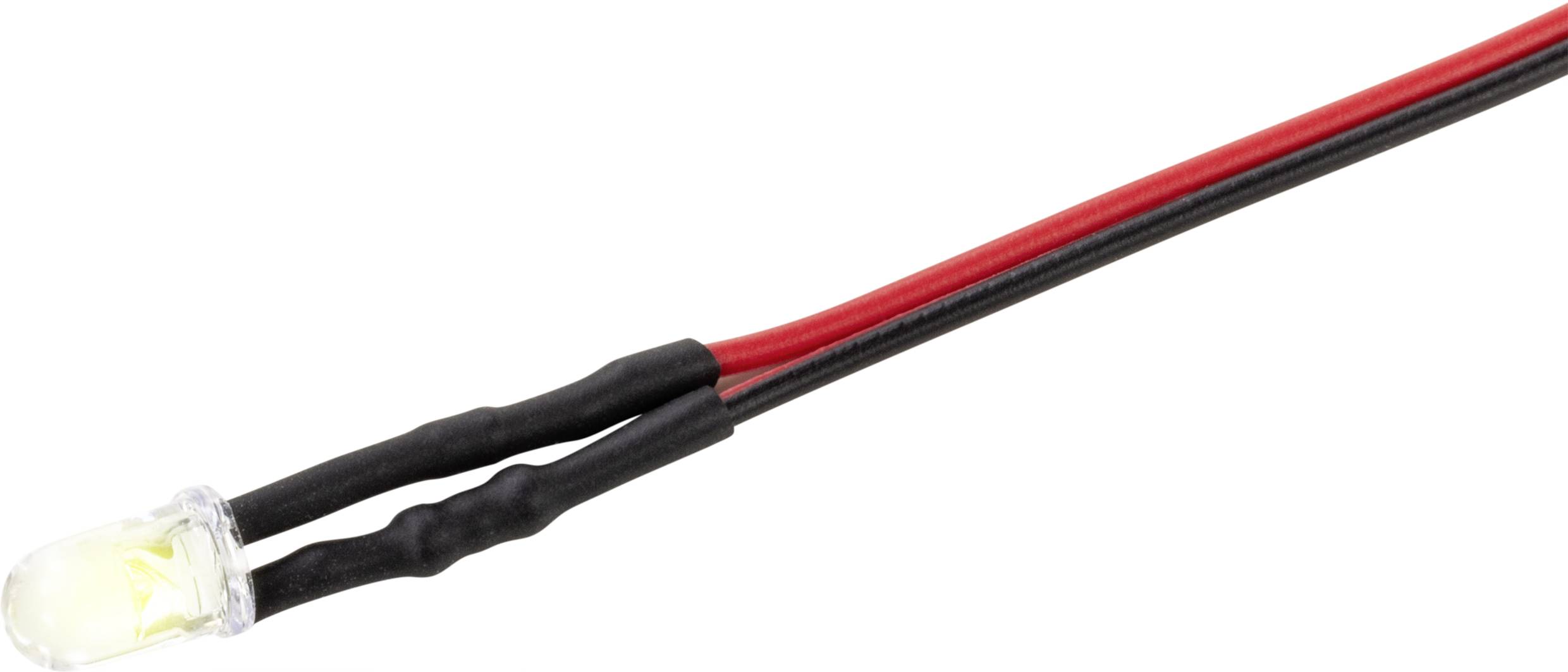 A luminous LED with red and black connecting wires, insulated by black heat-shrink tubing.