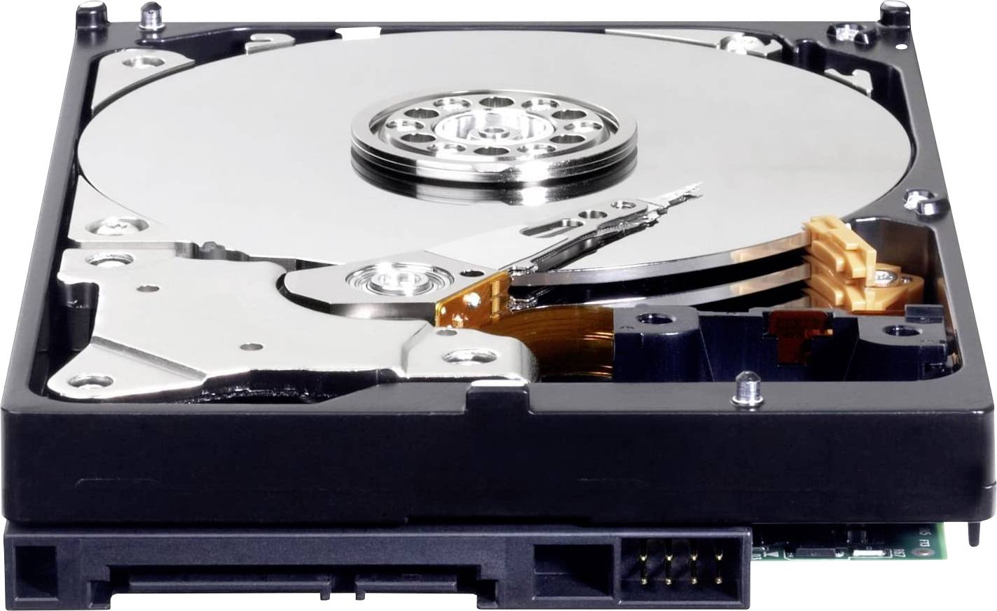 Hard drive with an open casing, showing the shiny discs and read-write head. It illustrates the internal components of a computer storage system.