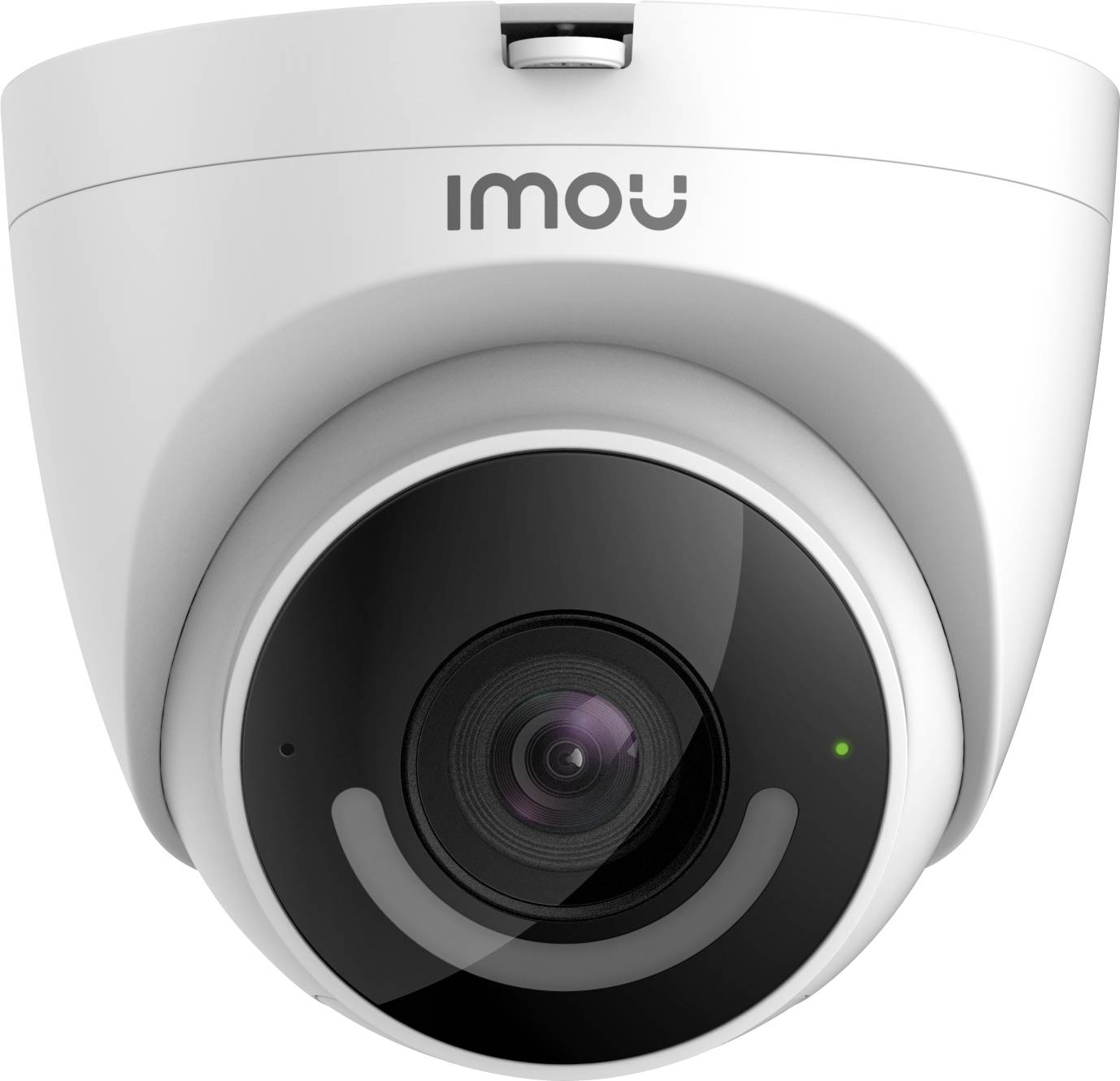 Dome-shaped surveillance camera with 'IMOU' written on top. It is white with a black camera lens housing.