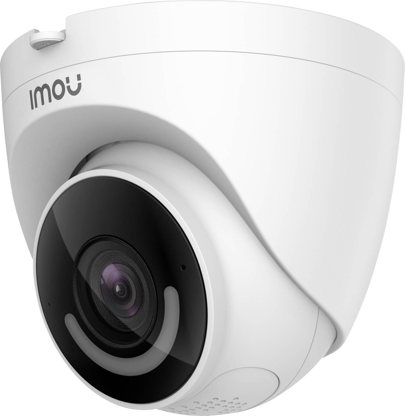 White surveillance camera with lens focus, mounted in a swivel, hemispherical housing, brand 'Imou'.