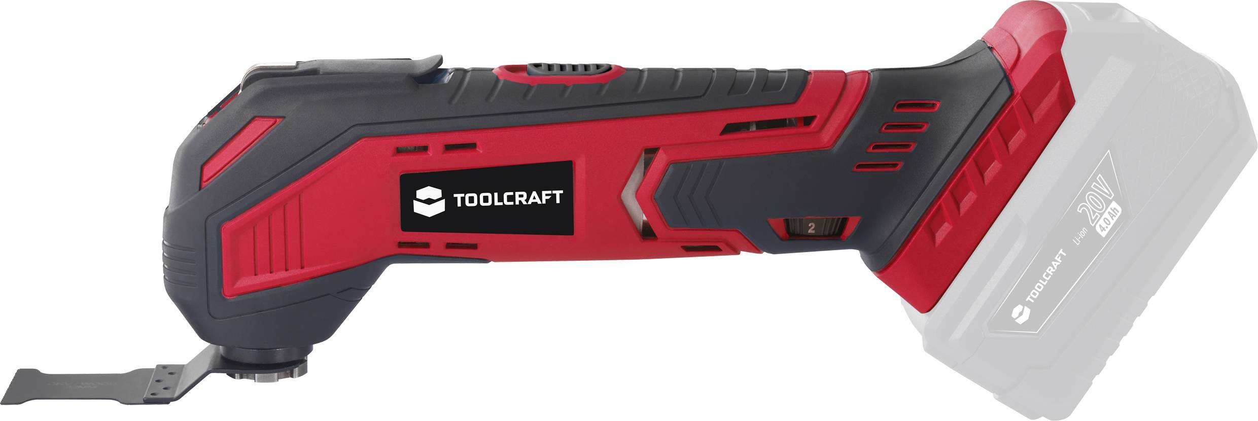 Cordless multi-function tool with a red and black casing, viewed from the side. Tool head fitted with a wood-working attachment.