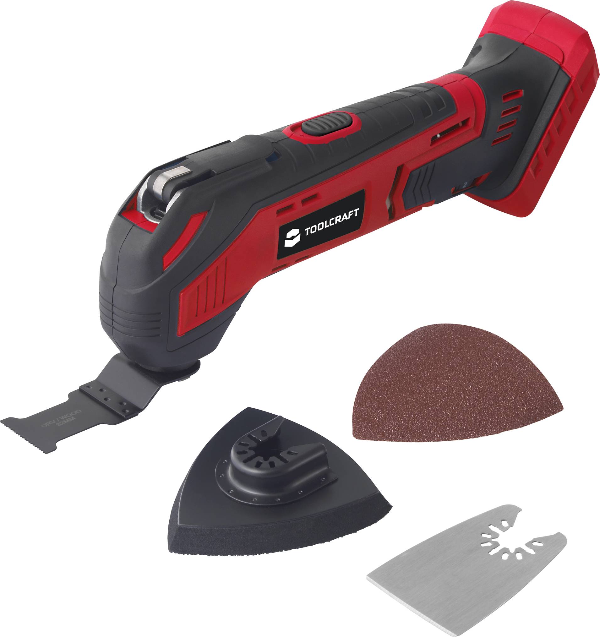 A red multi-tool with several attachments: a blade, sandpaper, and a sanding plate. Perfect for DIY projects.