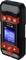 Digital laser distance meter in black and red shows distance values in metres on an illuminated display.
