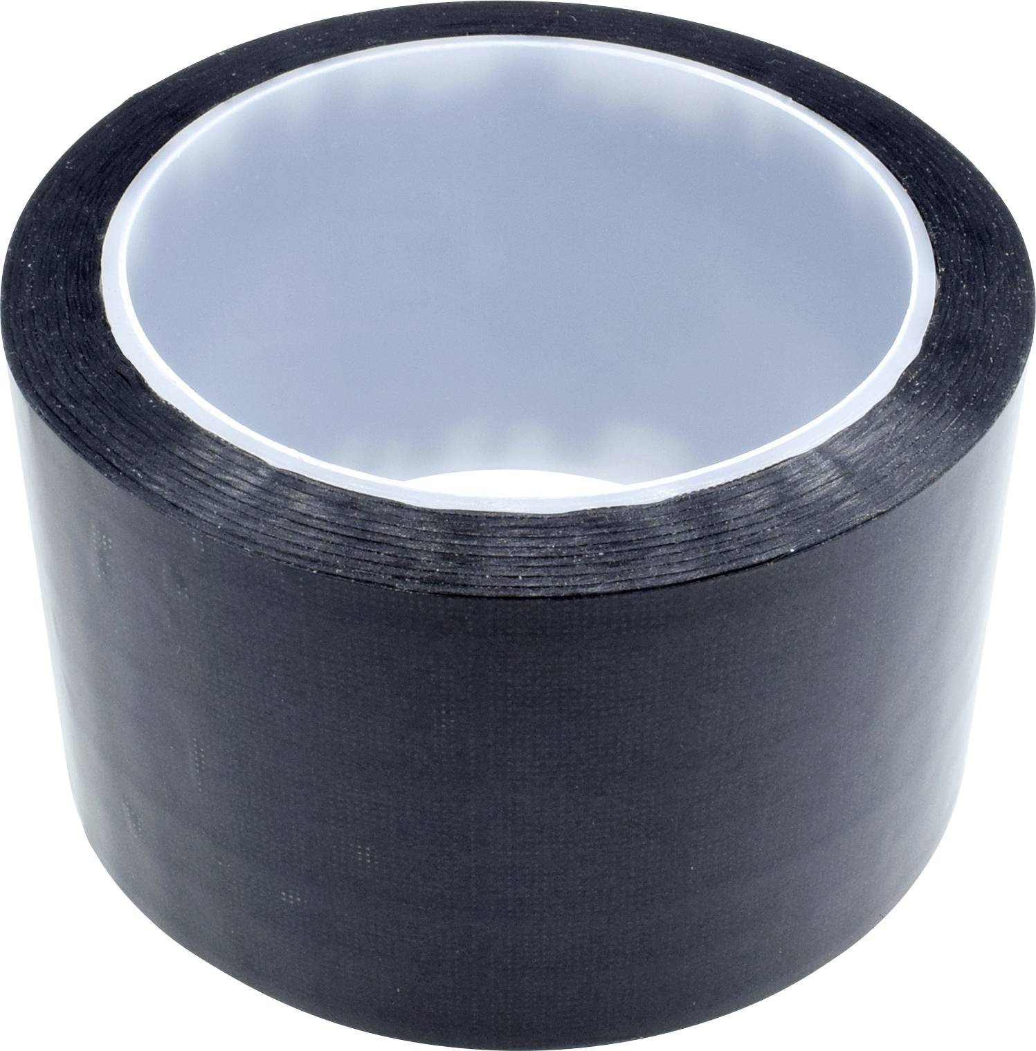 Black roll of adhesive tape, standing upright, with white inner side.