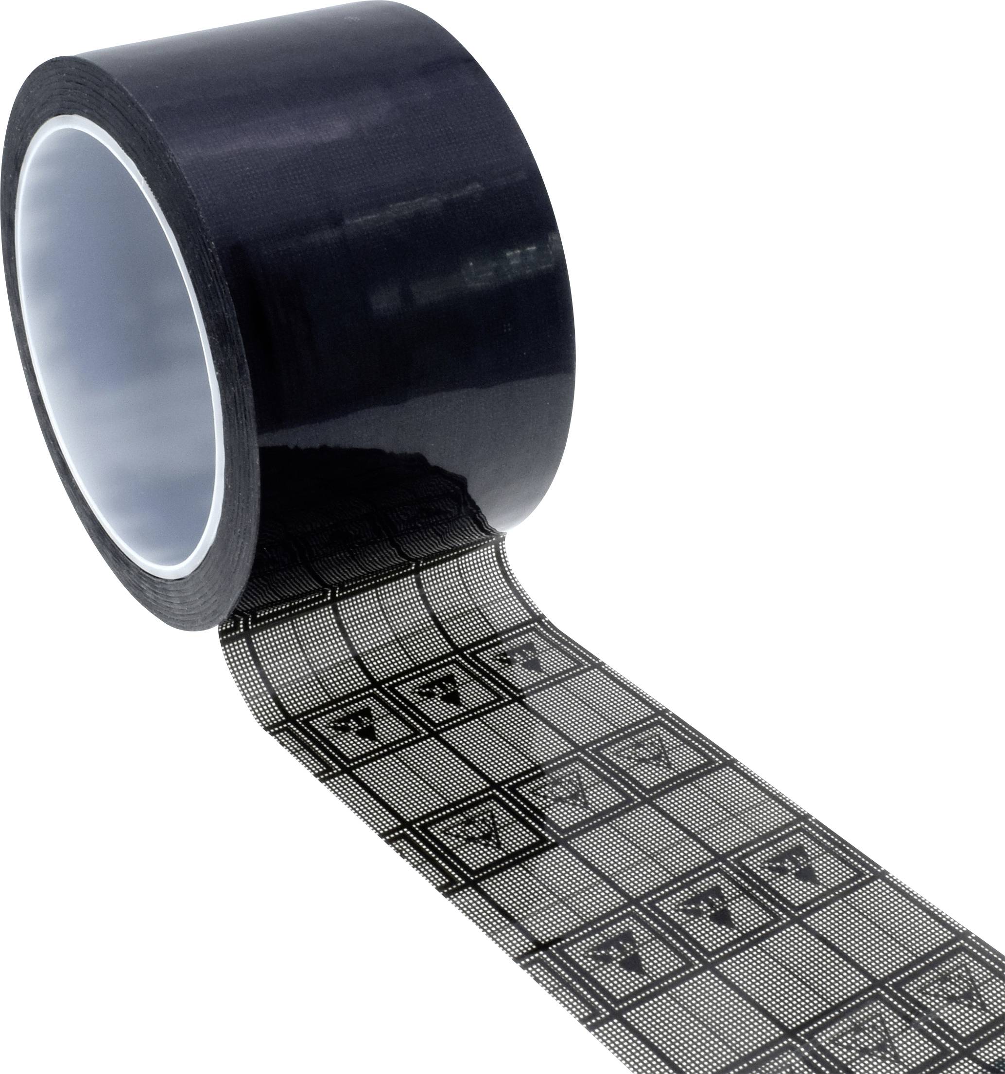 Black anti-static adhesive tape is unrolled, showing a pattern of squares with triangular symbols on the adhesive surface.