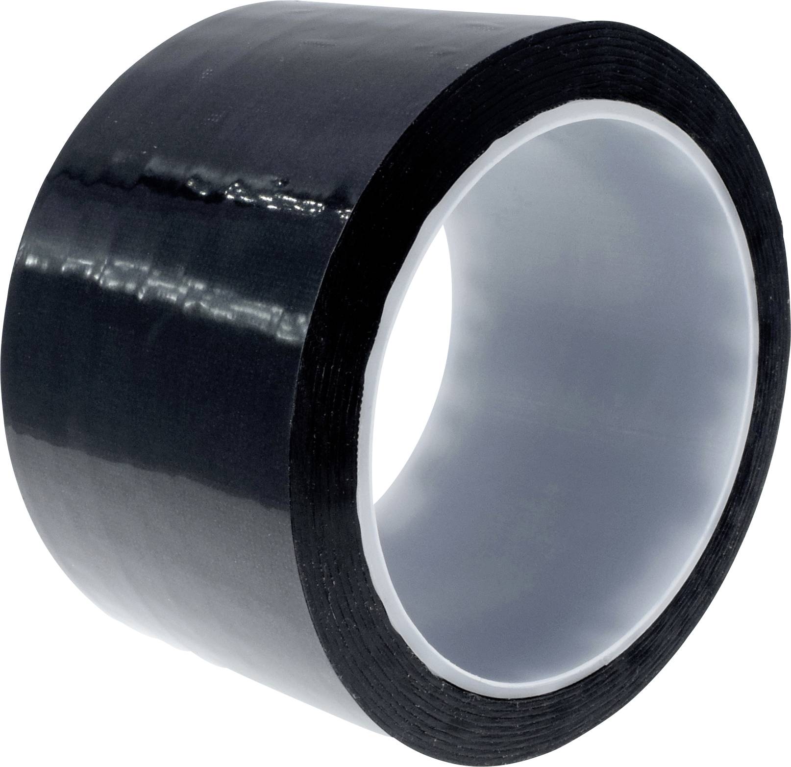 Black insulating tape, unrolled, shows the glossy surface and cylindrical cavity, often used for repairs.