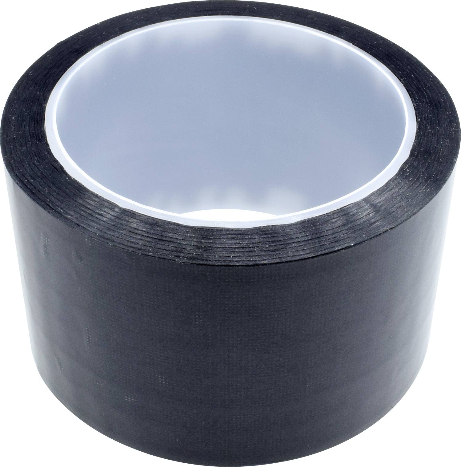 A roll of black adhesive tape standing upright, with the inner white cardboard core visible.