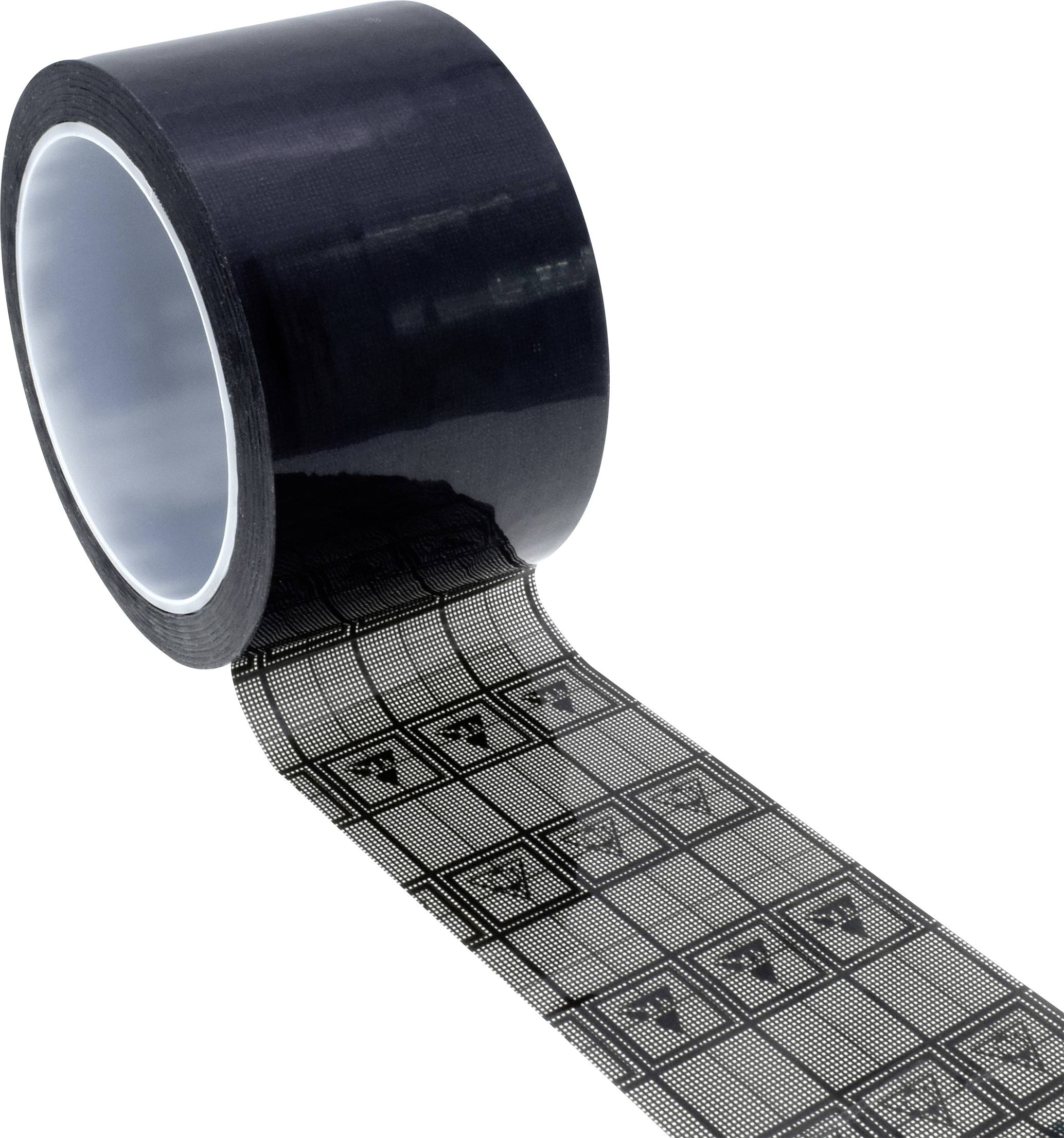 Black static adhesive tape with anti-static symbols on the adhesive surface, partially unrolled.