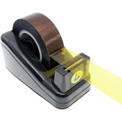 A sticky tape dispenser with brown adhesive tape on a metal roll, pulling out a yellow tape strip, ready for use.