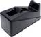 Black tape dispenser with integrated cutting blade, standing on a white surface.