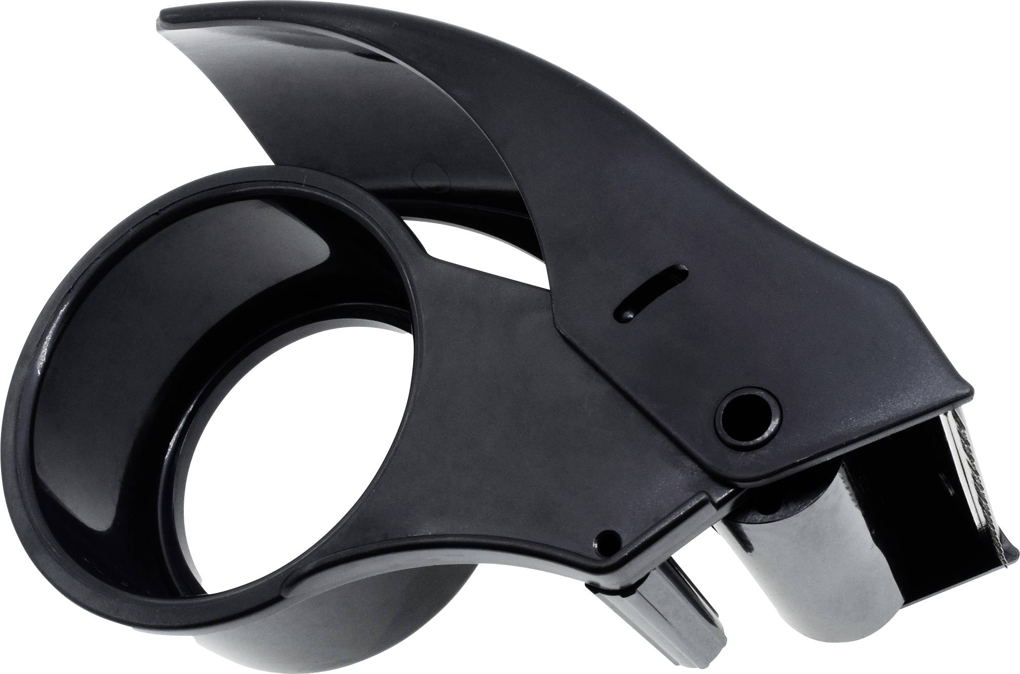 Black plastic device handle with integrated ring and lever, presumably for operating a piece of equipment.