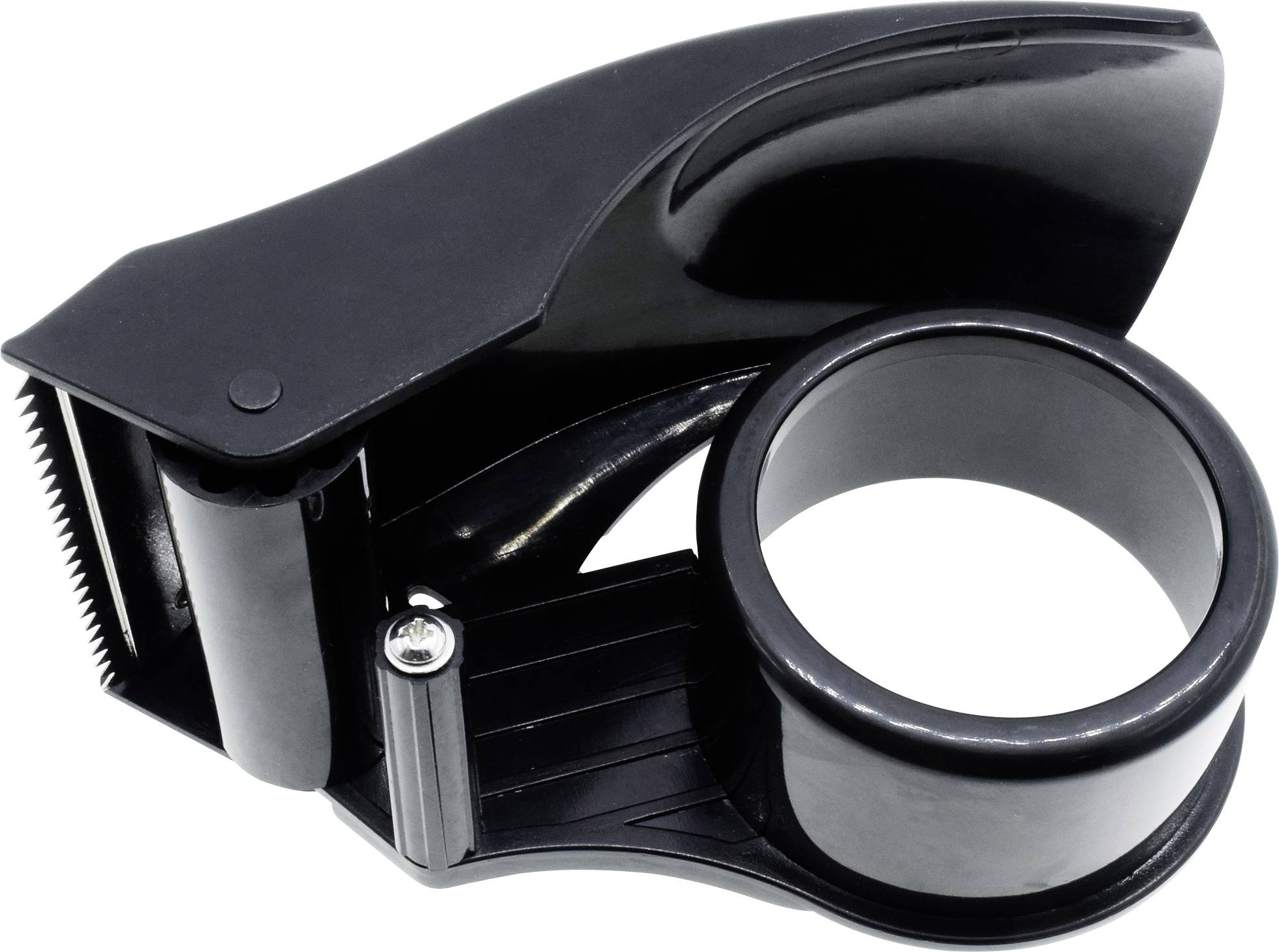 Black adhesive tape dispenser with ergonomic handle and integrated cutting mechanism, suitable for packaging purposes.