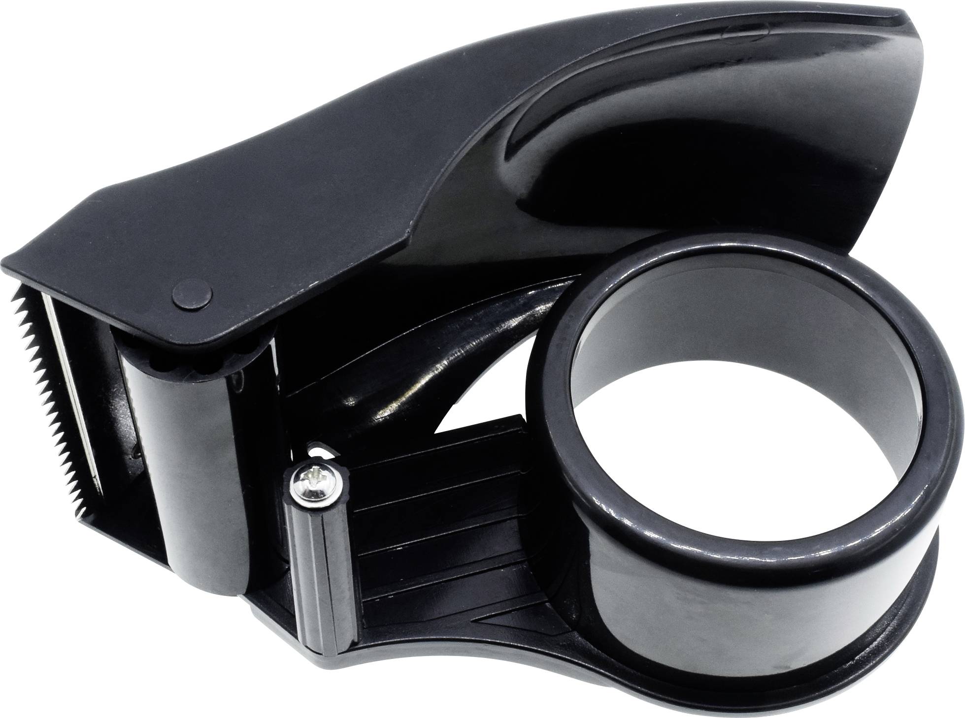 Manual tape dispenser in black with handle and roller, suitable for quickly and precisely cutting packaging tape.