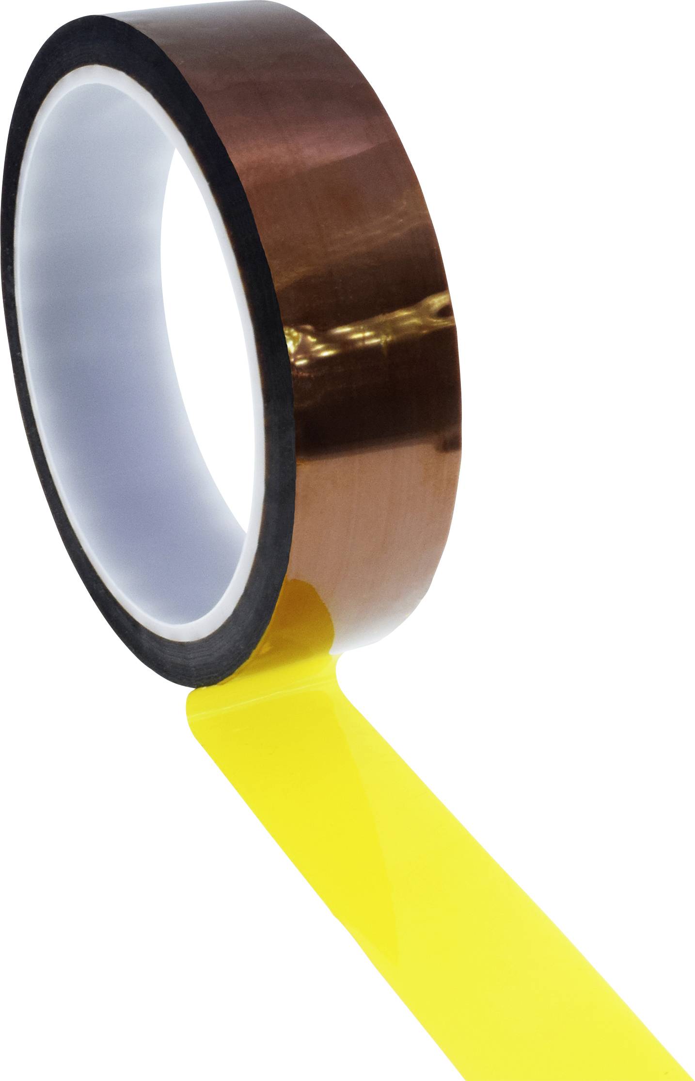 A brown, glossy adhesive tape with yellow masking tape being unrolled from the reel.