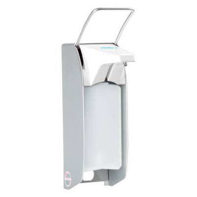 Stainless steel soap dispenser with lever, suitable for wall mounting. The design combines functionality with a modern aesthetic appeal.