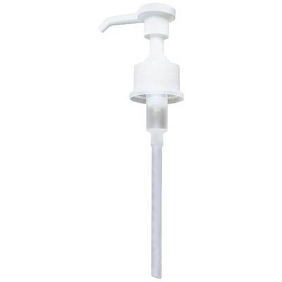 Image of a white pump dispenser with a long straw, commonly used for liquids such as soap or syrup.