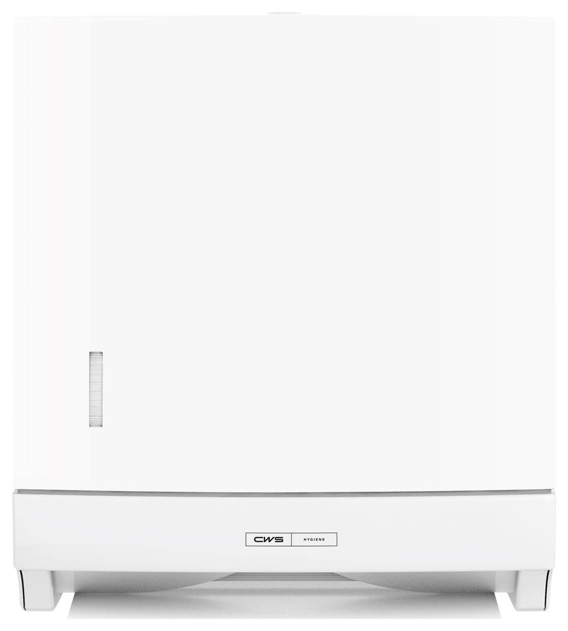 A white automatic paper towel dispenser mounted on a white wall, displaying the brand 'CWS'.