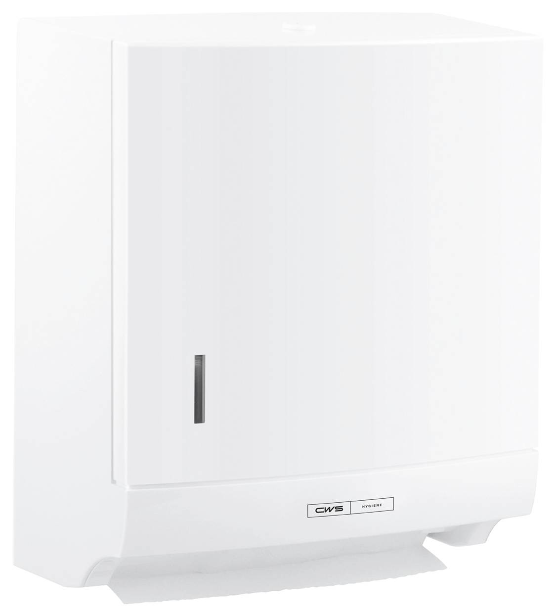 A white wall-mounted paper towel dispenser with a visible paper slot and a small window for checking supply levels.