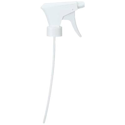 White plastic spray bottle nozzle with long hose, shown from the side.