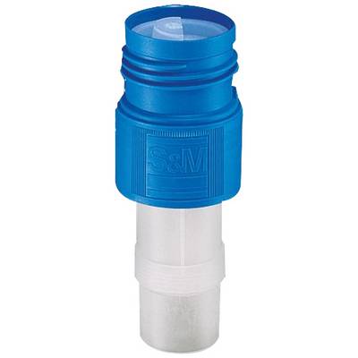 Blue plastic connector with 'S&M' inscription and transparent lower section. Used for hose coupling systems.