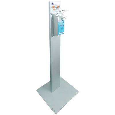 A metal donor stand with an automatic hand sanitiser dispenser and a rack of paper hand towels on top.