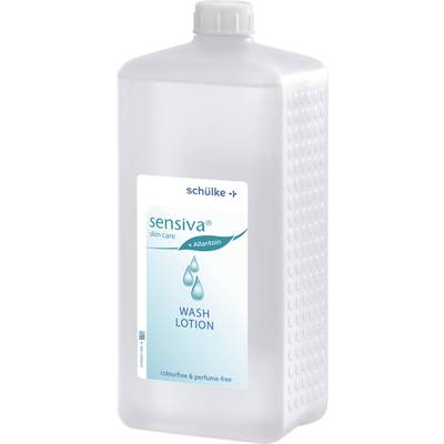 Clear plastic bottle with label 'Sensiva Wash Lotion' by Schülke. Contains 1000 ml fragrance-free lotion for skin care.