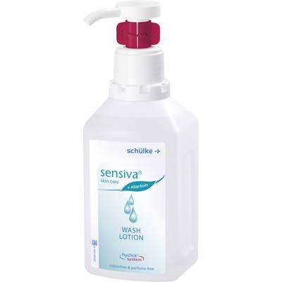Transparent bottle with red dispenser. Label reads: 'sensiva skin care', with Allantoin, wash lotion, free from colours and fragrances.