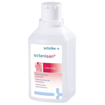 Bottle with the inscription 'octenisan cleaning', containing decontamination wash lotion, suitable for hygienic skin cleansing.