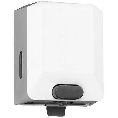 Wall-mounted soap dispenser with a white casing and black lever.