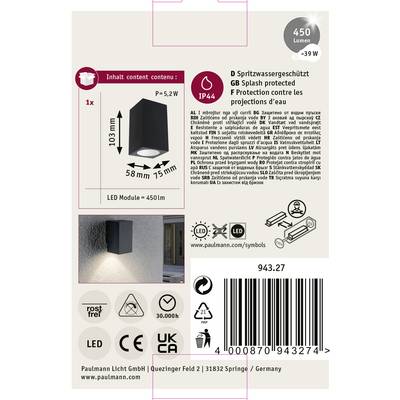 'LED outdoor light, splash-proof (IP44), 450 lumens, Energy-saving (5.2 W = 39 W), Dimensions: 103x58x15 mm.'