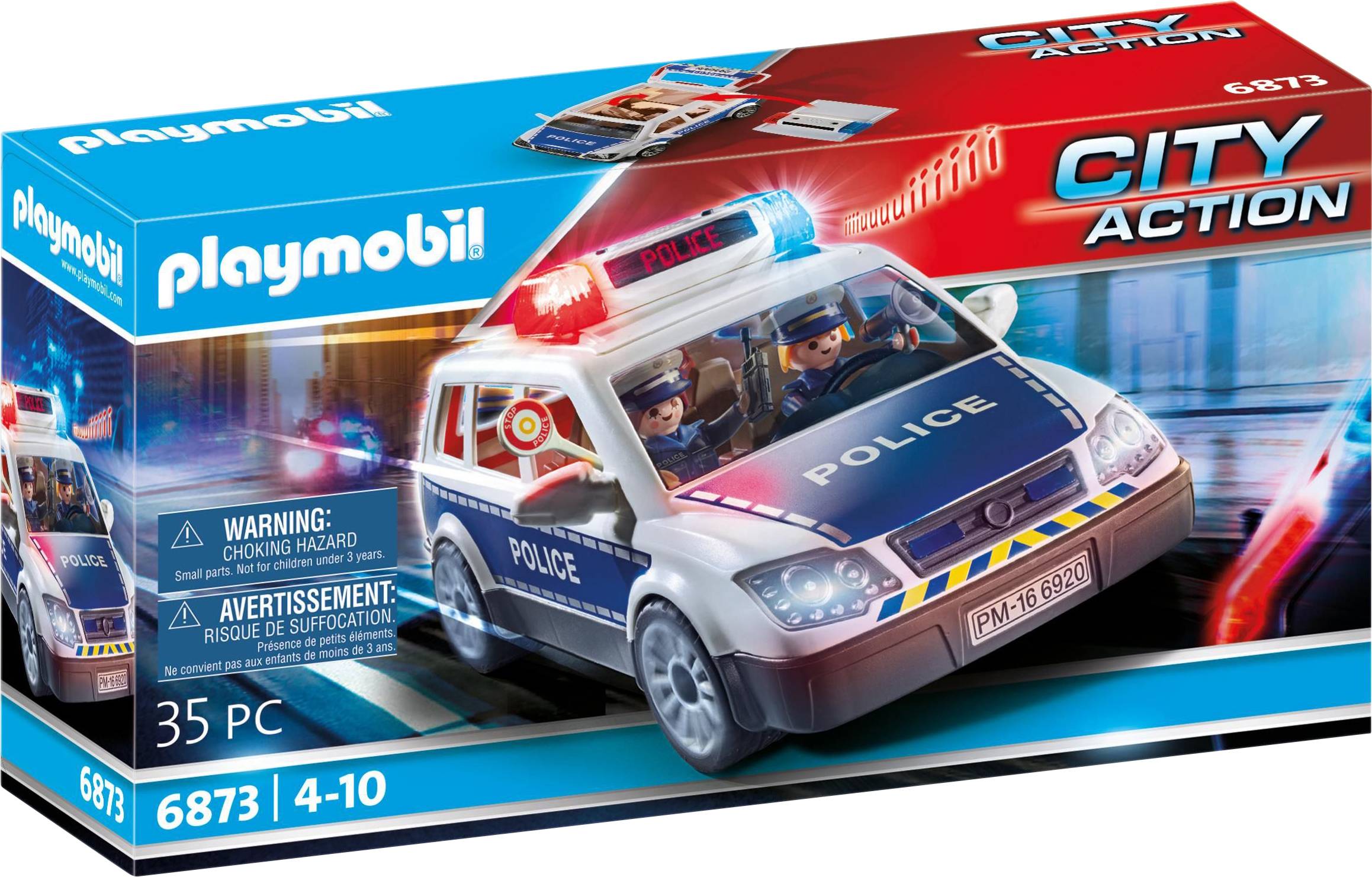 Playmobil Set 'City Action': Police Car with Two Figures, Blue Light and Siren. Age Recommendation: 4-10 Years, 35 Pieces.