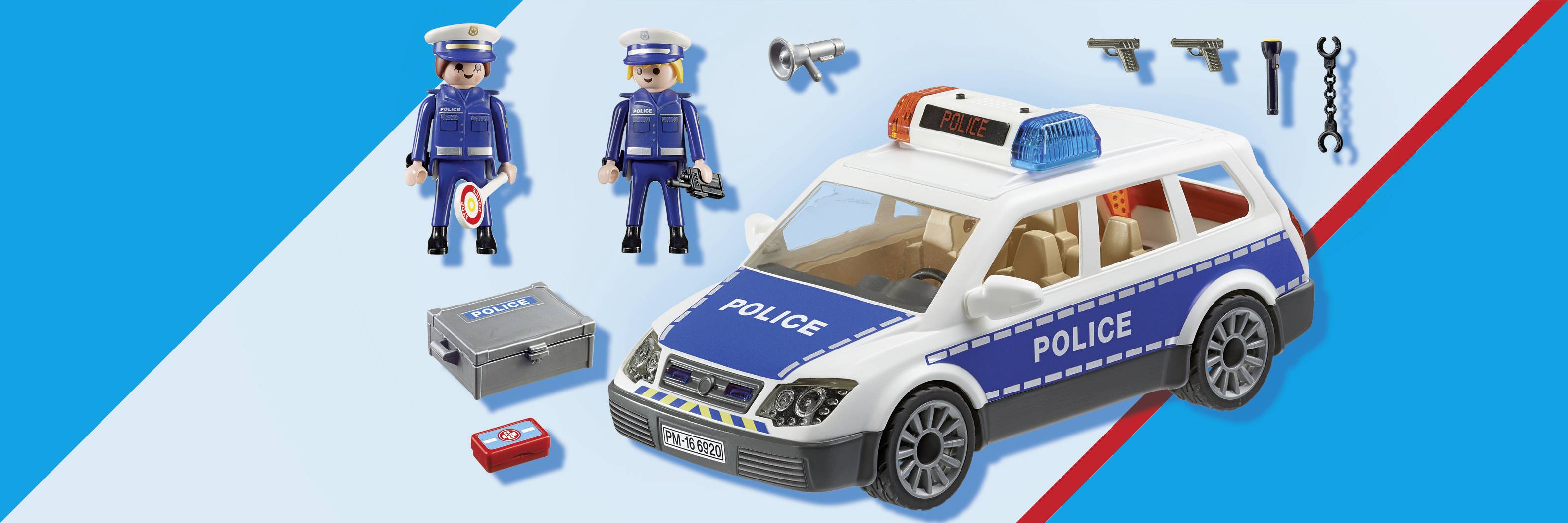 Toy police car with two figurines in blue uniform. Accessories: handcuffs, radio, pistol and briefcase in the background.