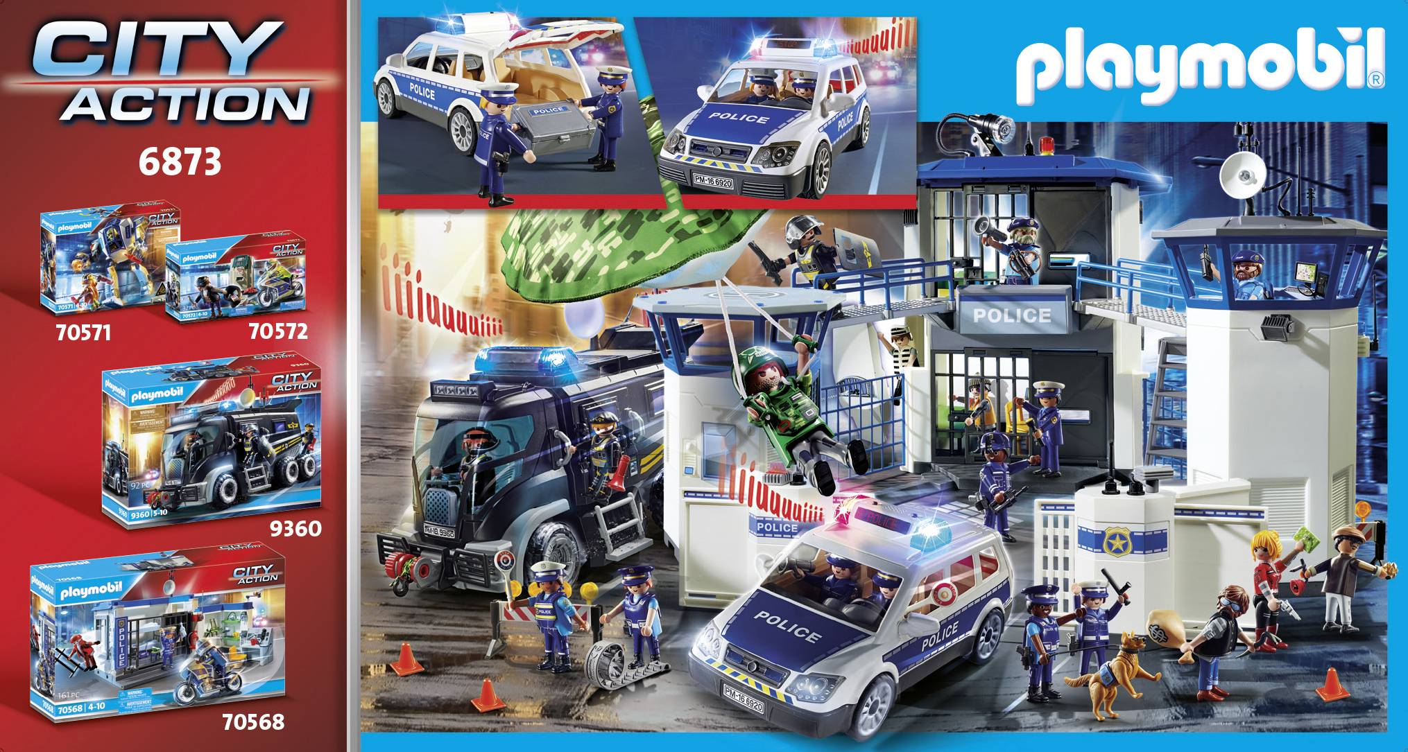 Playmobil Police Station with Vehicles and Figures in Action Scenes. Depicts Dynamic Pursuit and Operations in an Urban Setting.