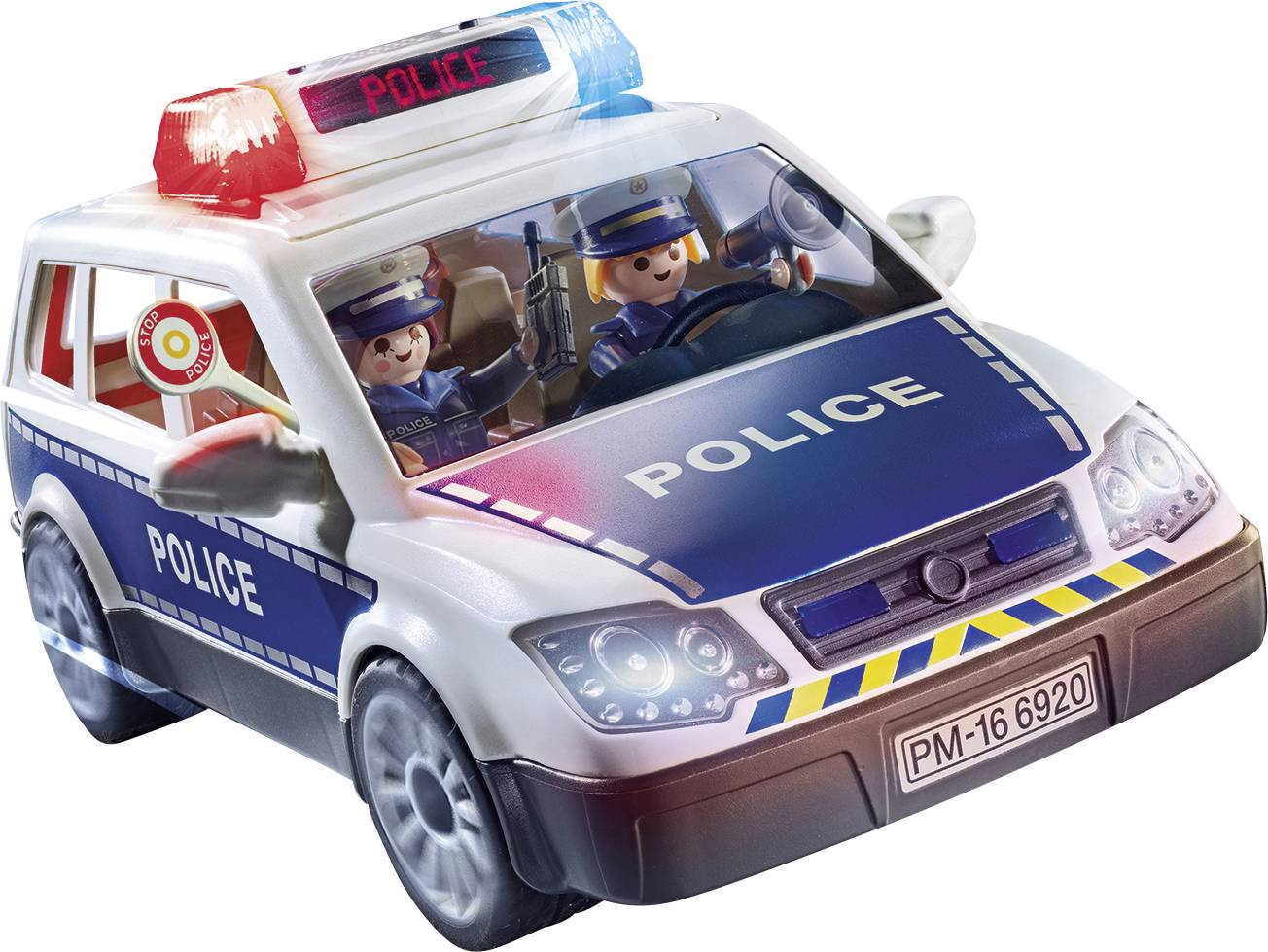 A toy police car with flashing lights and three figurines in uniforms representing vehicle occupants.