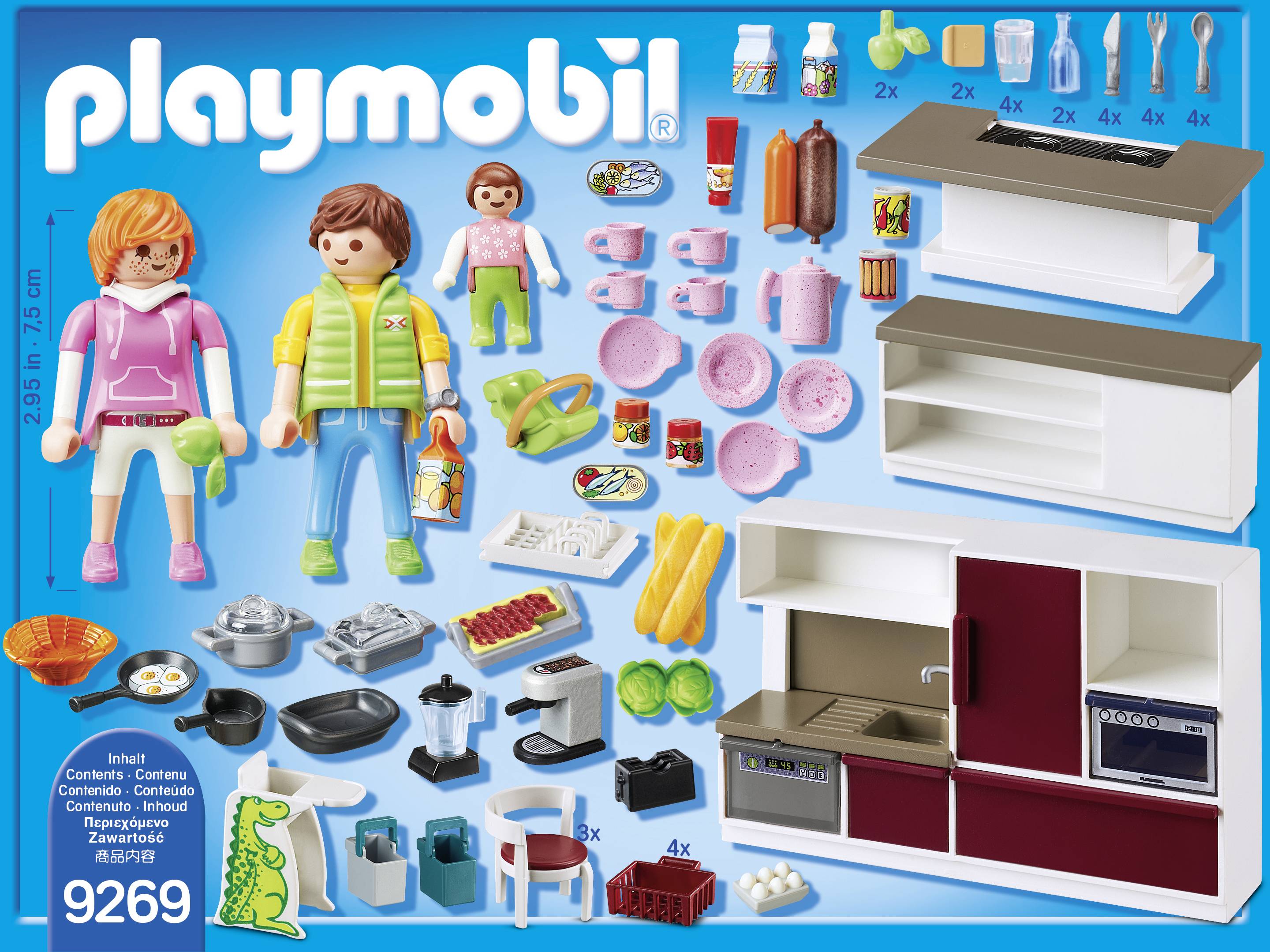 'Playmobil 9269' Set: Two figures with fashionable clothing, kitchen furniture and accessories including crockery and food. Comprehensive kitchen set.