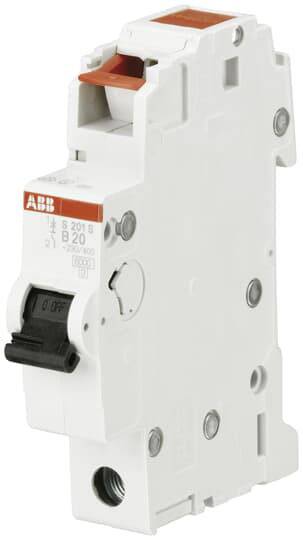 A white circuit breaker with a toggle switch in the "Off" position and a red lever. The device has screw terminals.